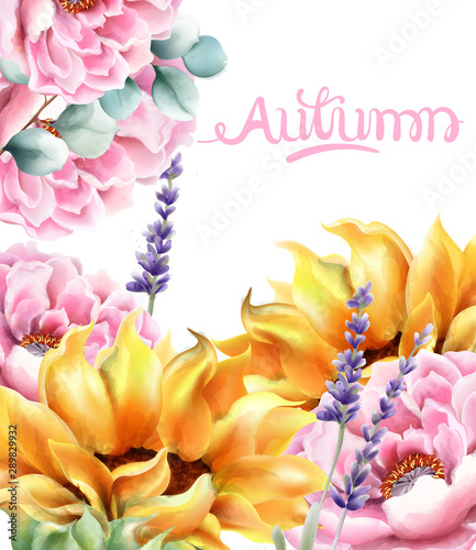 Wild nature watercolor autumn flowers bouquet vector. Delicate postcard