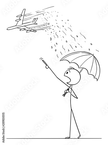 Vector cartoon stick figure drawing conceptual illustration of man with umbrella pointing in panic at passenger jet aircraft. Chemtrail conspiracy theory concept.
