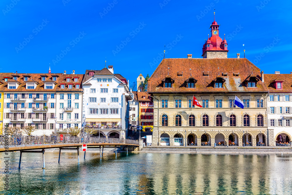 Old town buildings over Reuss river in Lucerne city, Switzerland