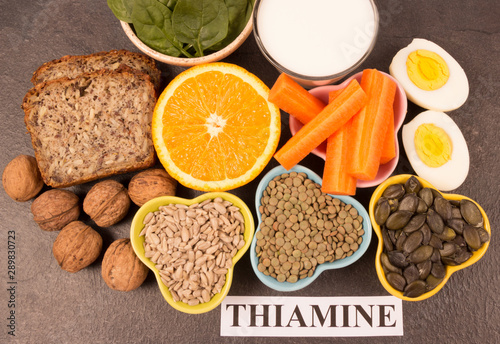 Ingredients containing vitamins B1  thiamine . Healthy eating concept.