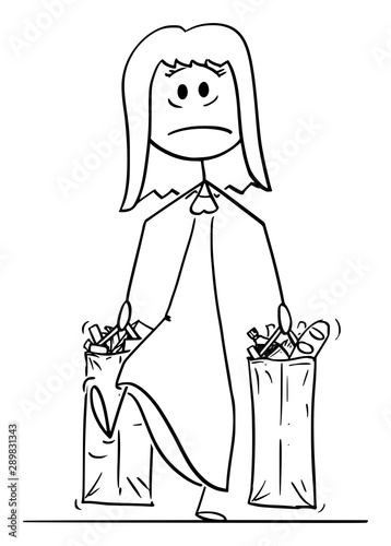Vector cartoon stick figure drawing conceptual illustration of unhappy and tired woman carrying big shopping bags full of food and other goods or groceries.