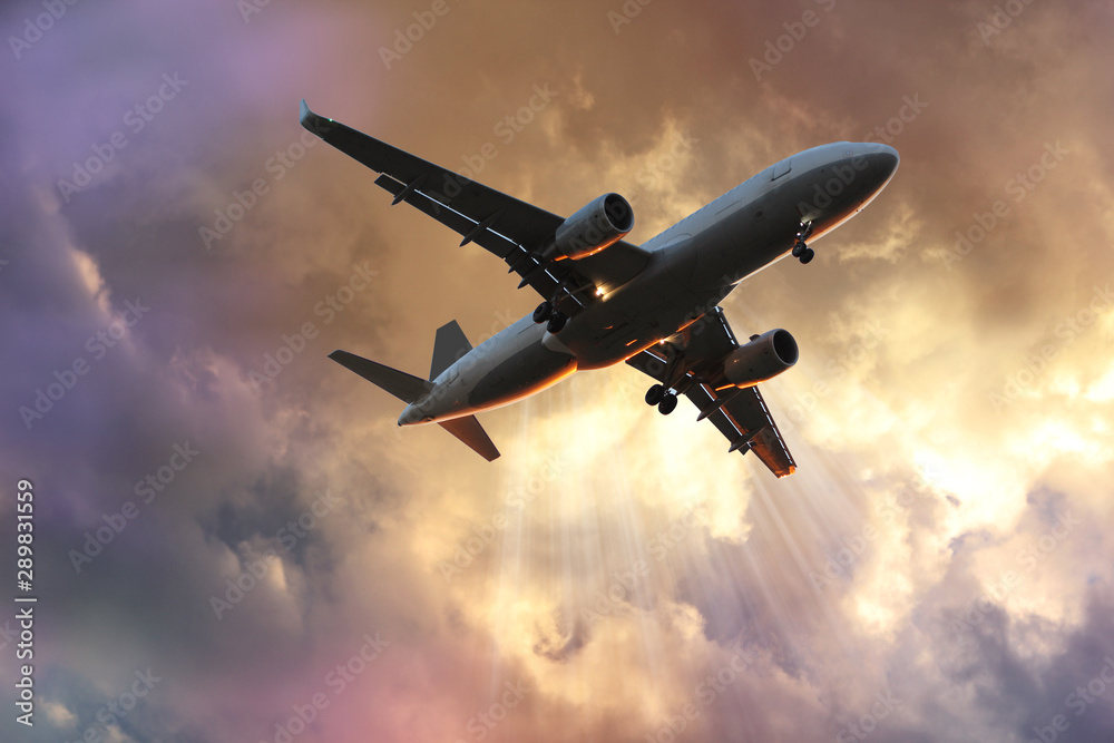 plane carries passengers on a trip in the colored clouds