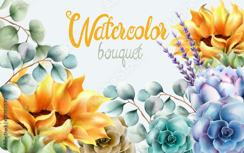 Wild nature watercolor flowers bouquet vector. Delicate postcard