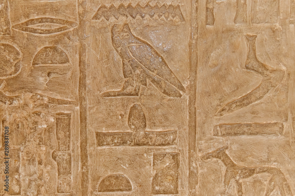 Ancient egyptian hieroglyphs carved on the stone wall