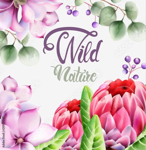 Wild nature watercolor flowers bouquet vector. Delicate postcard