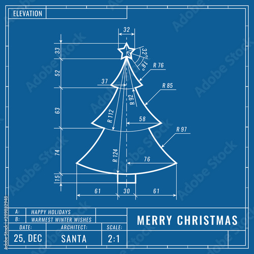 Christmas tree as technical blueprint drawing. Christmas technical concept. Mechanical engineering drawings. Christmas and new year banner, cover, poster, flyer or greeting card