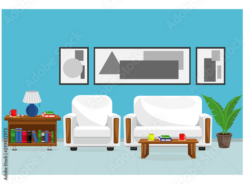 The interior of the living room in a minimalist style. Vector illustration, set of furniture.