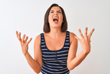 Young beautiful woman wearing blue striped t-shirt standing over isolated white background crazy and mad shouting and yelling with aggressive expression and arms raised. Frustration concept.
