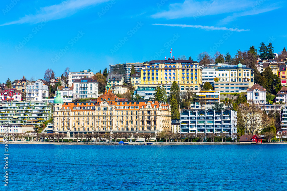 Coastline and buildings over the Lake Lucerne, Switzerland