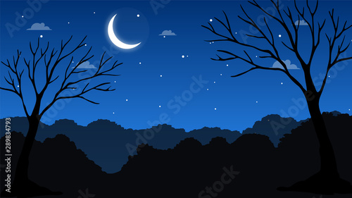 Night Landscape Background With Moon And Tree