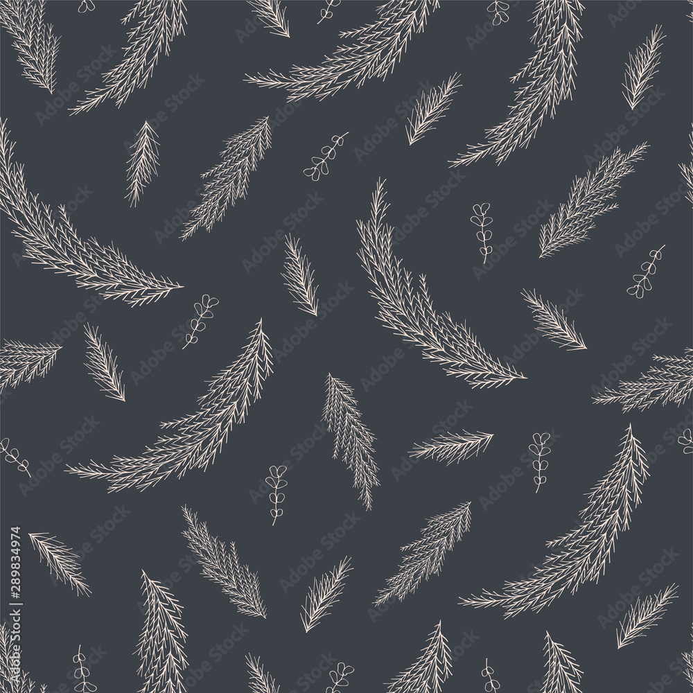Fototapeta Seamless pattern of coniferous twigs with a white outline