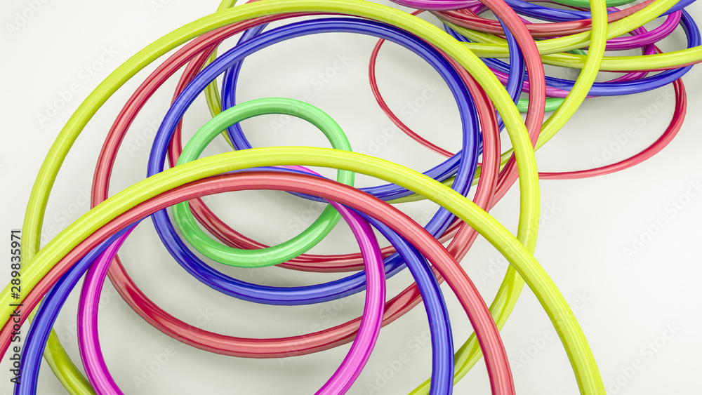 Abstract background of three-dimensional multi-colored smooth rings. 3d render. Illustration