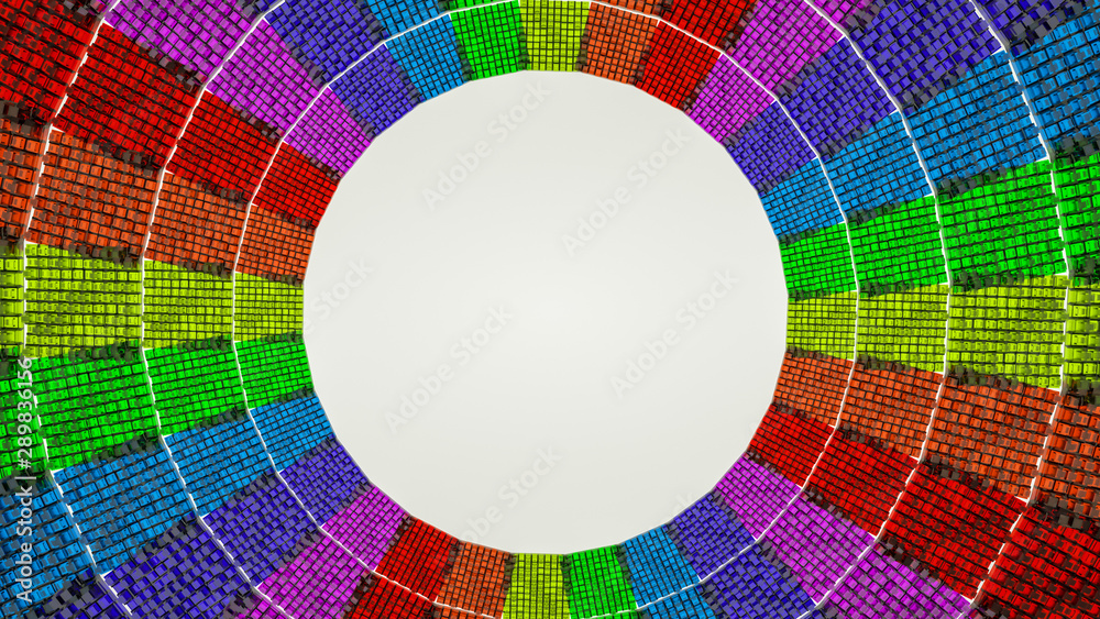Fototapeta premium Abstract multicolored three-dimensional background with a white oval in the middle. 3d render. Illustration