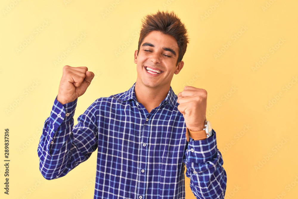 Young handsome man wearing casual shirt standing over isolated yellow background very happy and excited doing winner gesture with arms raised, smiling and screaming for success. Celebration concept. Young handsome man wearing casual shirt standing over isolated yellow background very happy and excited doing winner gesture with arms raised, smiling and screaming for success. Celebration concept.