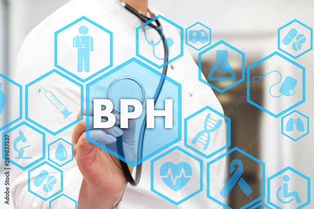 Medical Doctor and BPH, Benign Prostatic Hyperplasia words in Medical network connection on the virtual screen on hospital background. Medical Doctor and BPH, Benign Prostatic Hyperplasia words in Medical network connection on the virtual screen on hospital background.