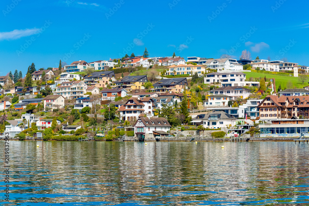 View at town Weggis from Lucerne lake, Switzerland