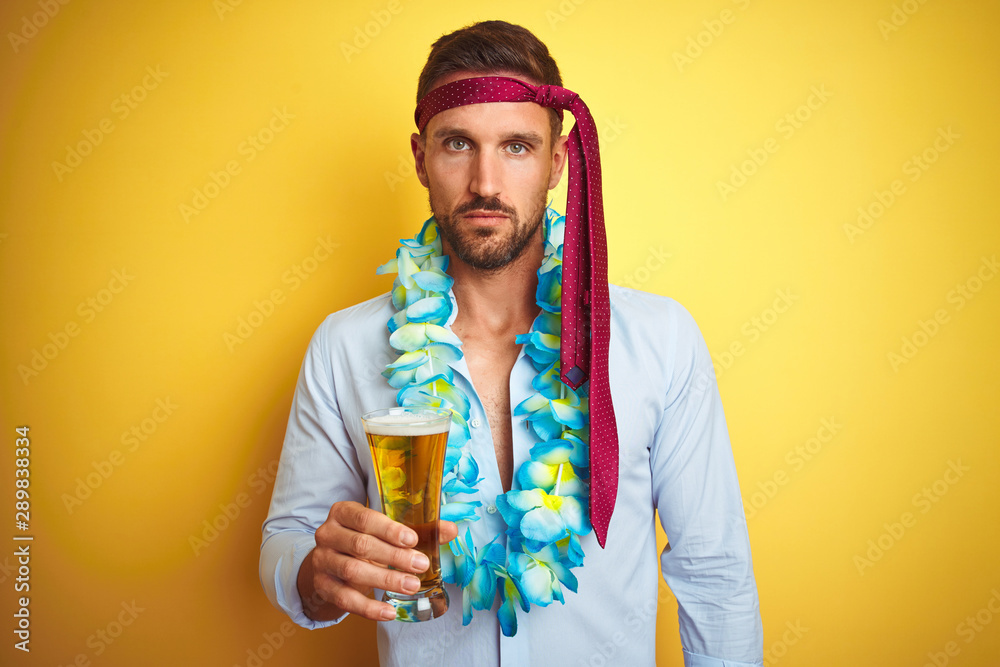 Hangover business man drunk and crazy for hangover wearing tie on head drinking beer with a confident expression on smart face thinking serious Hangover business man drunk and crazy for hangover wearing tie on head drinking beer with a confident expression on smart face thinking serious