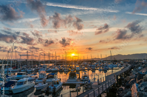 Epic sunset over Coffs Harbour town on Australian coast