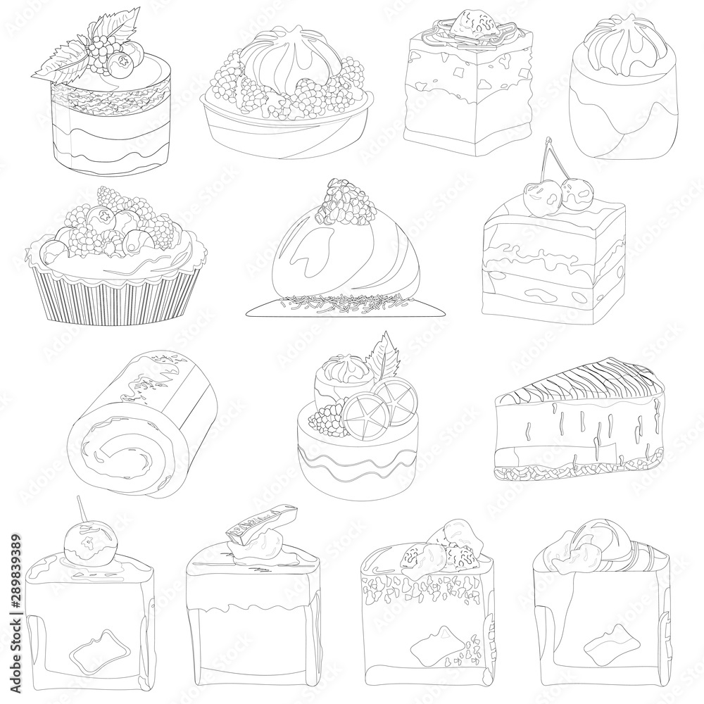 Set of vector desserts. Outline sweets on a white background. Sponge cake, cupcake, cupcake, cheesecake with jam and berries, fruit cake, panna cotta. Set of vector desserts. Outline sweets on a white background. Sponge cake, cupcake, cupcake, cheesecake with jam and berries, fruit cake, panna cotta.