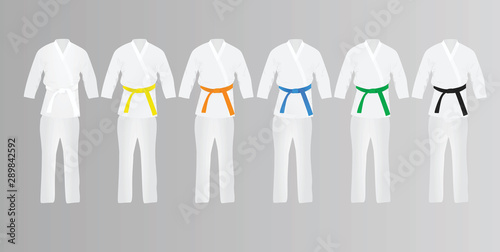 Karate suit and belts set. vector illustration