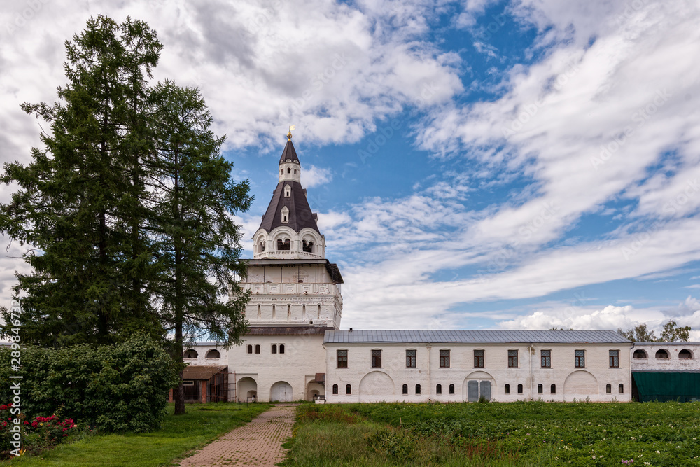 The watchtower and the economic block of the monastery. Horizontal orientation. Russian shrines. Joseph-Volotsky Monastery in Teryaev. Moscow region, Teryaevo.