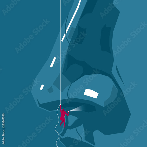 Working at heights on people's faces. Isolated on blue background.