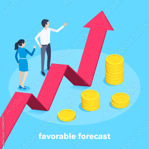 isometric vector image on a blue background, a man and a woman in a business suit are standing near a big red arrow and coins, financial growth, favorable forecast