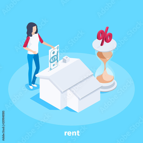 isometric vector image on a blue background, a girl with money and a house, a pledge or rental house