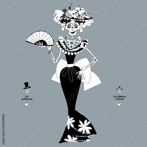La Calavera Catrina. Elegant Skull. Dia de Muertos (Day of the Dead). Mexican tradition. Black and white.