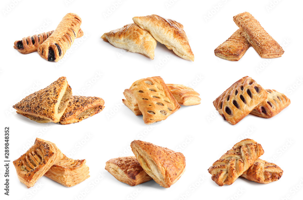 Set of fresh delicious puff pastries on white background Set of fresh delicious puff pastries on white background