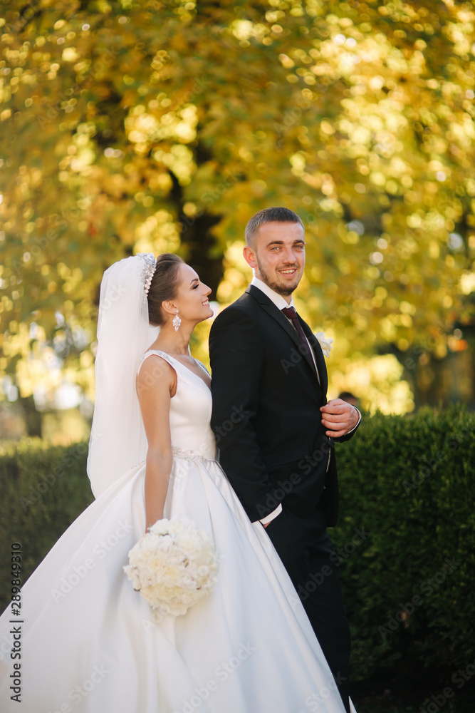 Beautiful bride with her husband in the park. Background of yellow tree. Happy couple