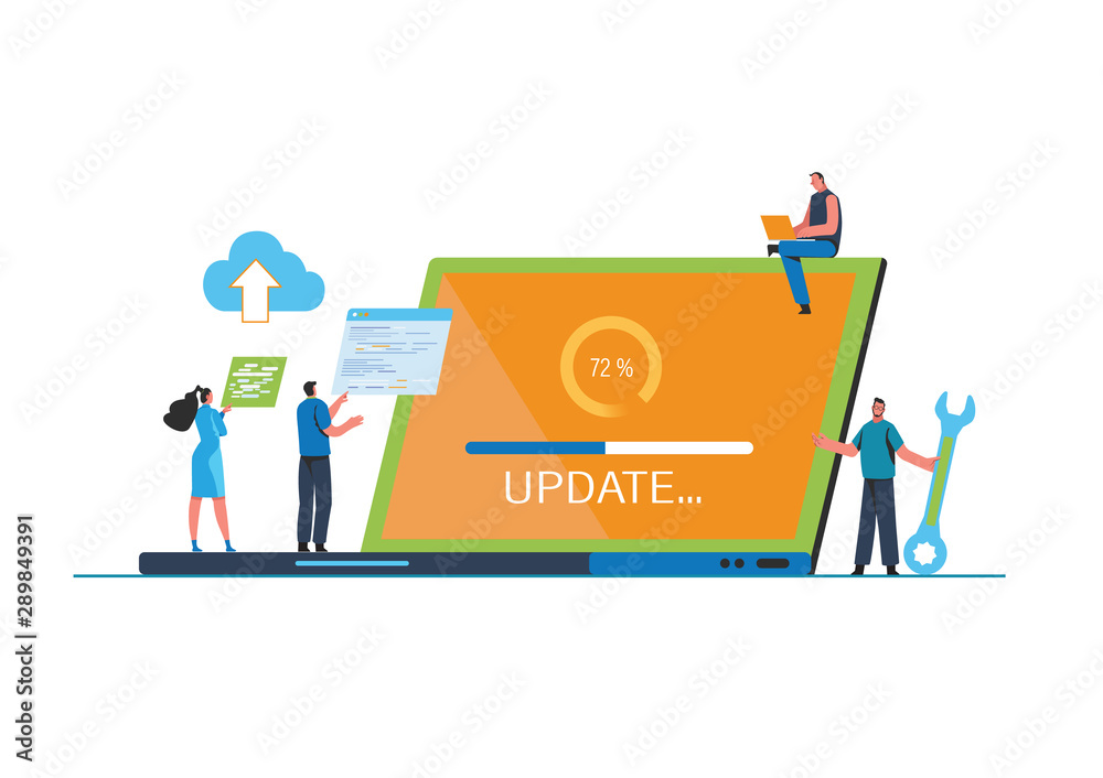 System updates with people updating operation in computing and installation programs. Flat vector illustration modern character design. For a landing page, banner, flyer, poster, web page. System updates with people updating operation in computing and installation programs. Flat vector illustration modern character design. For a landing page, banner, flyer, poster, web page.