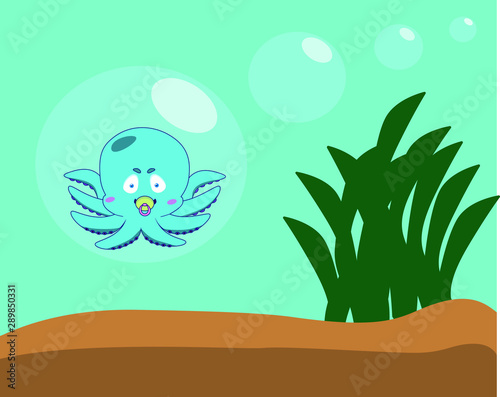 Adventure poster with cute octopus, sea weeds and water bubble in the blue ocean background. Cartoon style vector illustration.