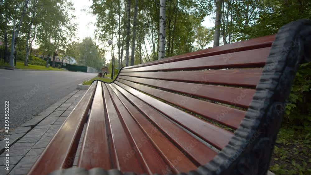 Wide angle plan. The camera slowly moves away, flying over a lonely vintage park bench Wide angle plan. The camera slowly moves away, flying over a lonely vintage park bench