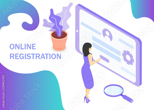 Online registration in purple colors. Registration form in internet. Use for web banner, infographics, reports. Isometric projection. Vector illustration