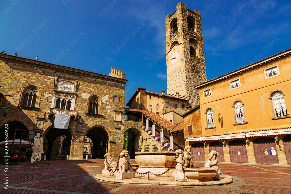 Contarini fountain on Piazza Vecchia, Citta Alta, Bergamo city, Italy
