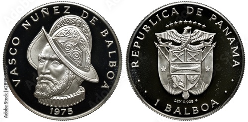 Canvas-taulu Panama Panamanian silver coin 1 one balboa 1975, Vasco Nunez de Balboa, helmeted