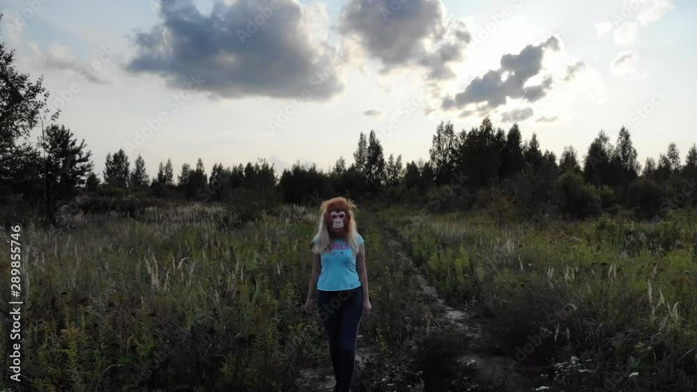 camera chasing woman, girl unexpectedly turn around, she wear monkey mask, funny weird strange video camera chasing woman, girl unexpectedly turn around, she wear monkey mask, funny weird strange video