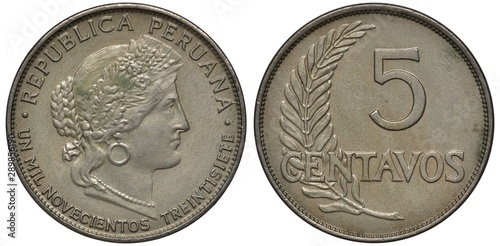 Wallpaper Mural Peru Peruvian silver coin 5 five centavos 1937, head of Liberty in floral wreath right, date in words below, denomination right to sprig, Torontodigital.ca