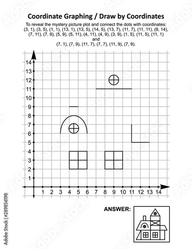 Coordinate graphing, or draw by coordinates, math worksheet with old village house: To reveal the mystery picture plot and connect the dots with given coordinates. Answer included.