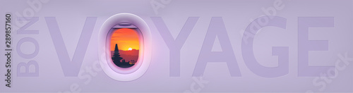 Vector travel banner with sign Bon Voyage in french language and airplane window with view to balinese temple and asian sunset instead letter O