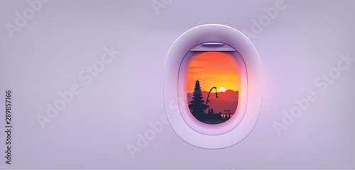 Tropical red sunset with asian temple silhouette in aircraft window. Vector background with copyspace for your banner, flyer or poster photo