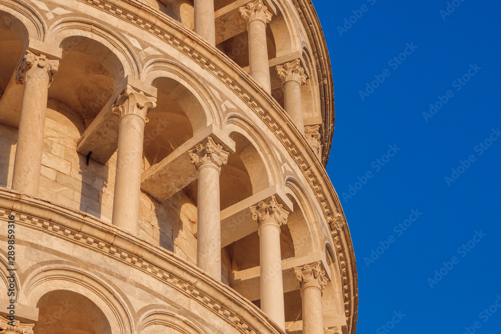 Monument of architecture. Tiers with columns in Corinthian classical style close-up