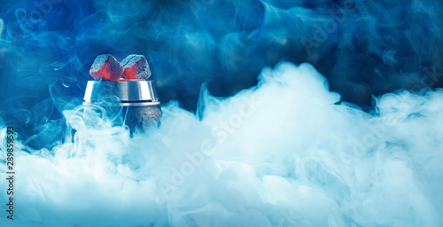 Banner Hookah or shisha bar, dark black smoke background