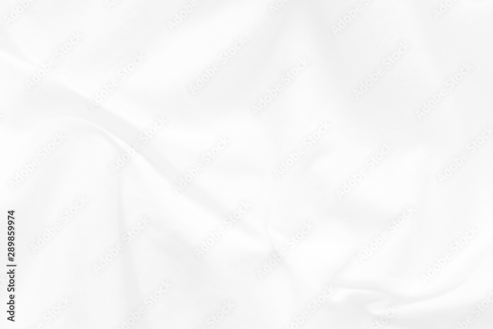 White cloth background abstract. Fabric is wrinkled and sofe wave. Material are used in textile assembly. Christmas, winter, new year concept for backdrop design. Flat lay, copy space