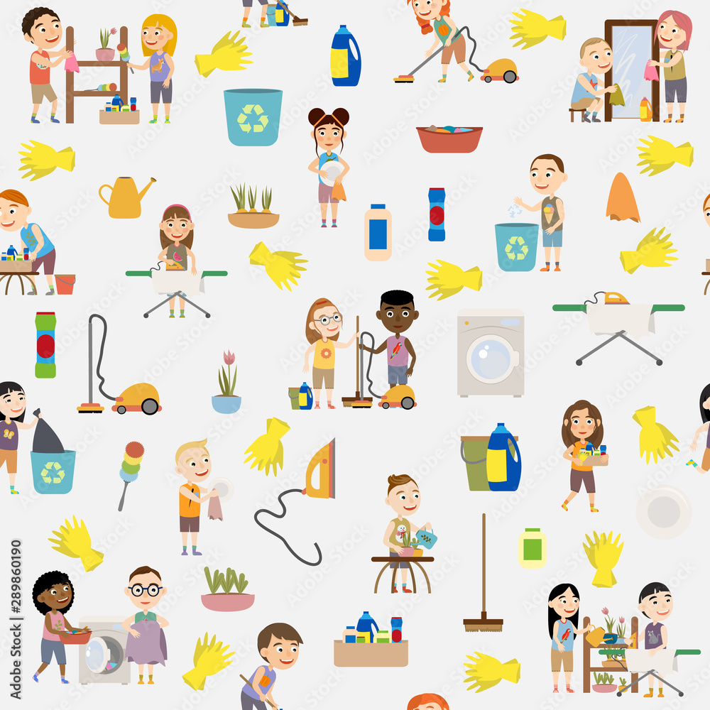 Seamless pattern of cute girls and boys doing housework. Children throw out garbage, wash dishes, wash clothes, vacuum clean, wipe mirrors, water flowers and do cleaning. Flat cartoon vector