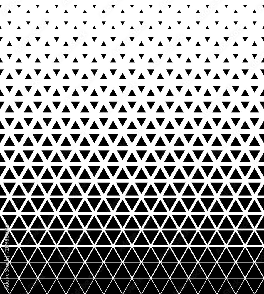 Halftone triangle abstract background. Black and white vector pattern.