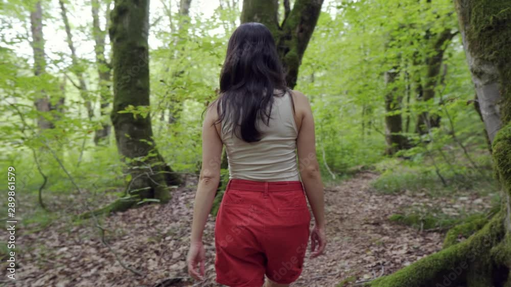 Rear view of a girl walking through the woods on a Sunny day. Girl in shorts and t-shirt walking in the woods. Rear view of a girl walking through the woods on a Sunny day. Girl in shorts and t-shirt walking in the woods.