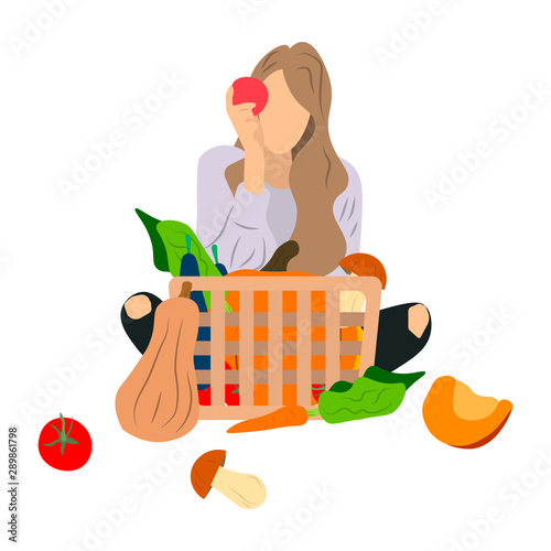 The girl harvested the autumn fruits. Harvesting and autumn holidays