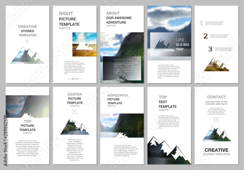 Creative social networks stories design, vertical banner or flyer template. Covers design templates for flyer, brochure. Background for tourist camp, nature tourism, camping. Aadventure design concept
